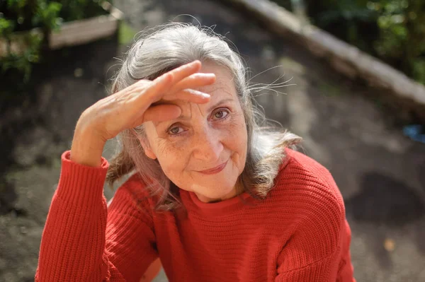 Cerca de la cara de la mujer mayor feliz con el pelo gris mirando a la cámara mientras pasa tiempo al aire libre durante el día soleado —  Fotos de Stock