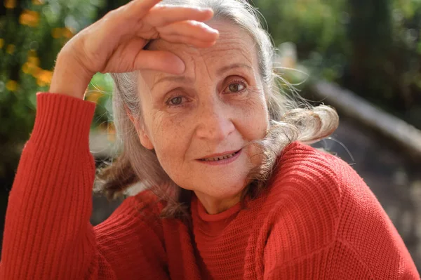 Close up portrait of a smiling senior woman with grey hair and face with wrinkles outdoors relaxing at park during sunny day — Stock Photo, Image