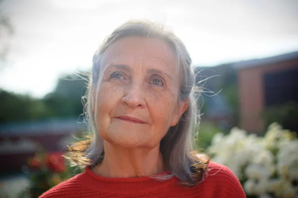 Hermosa abuela de edad con el pelo gris y la cara con arrugas al aire libre relajarse en el parque durante el día soleado — Foto de Stock