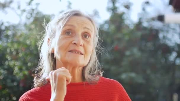 Gros plan visage de la femme âgée aux cheveux gris regardant la caméra tout en passant du temps à l'extérieur pendant la journée ensoleillée — Video