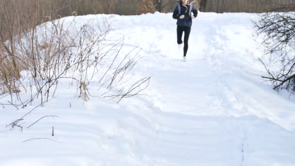 Wiosenny lub zimowy portret młodej atletycznej dziewczyny biegającej po parku w ciemnych strojach sportowych na drzewach ze śnieżnym tłem. Koncepcja zdrowego stylu życia. — Wideo stockowe