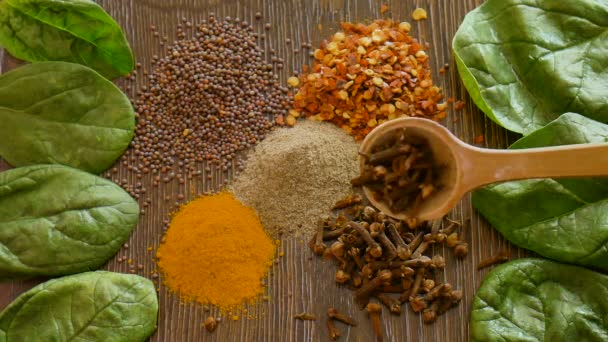 Sorterade kryddor på mörk bakgrund tillsätts med träsked, kryddor till mat. Ovanifrån av curry, paprika, peppar, kryddnejlikor, lagerblad, gurkmeja, kryddor koncept. — Stockvideo