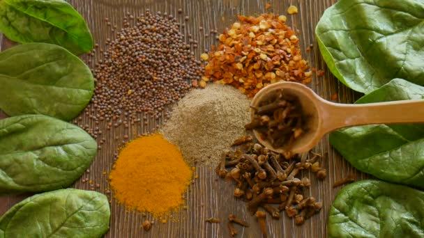 Le spezie classificate su sfondo scuro sono aggiunte da cucchiaio di legno, seasonings per cibo. Vista dall'alto di curry, paprica, pepe, chiodi di garofano, foglia di alloro, curcuma, concetto di spezie. — Video Stock