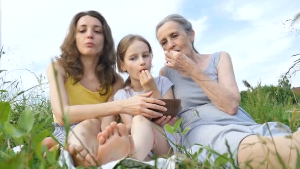 Schattig kind meisje met haar jonge moeder en senior oma hebben picknick tijdens de zomer buiten in de natuur, moeders dag, gelukkig pensioen, multi generatie familie — Stockvideo