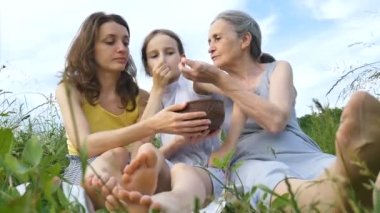 Genç annesi ve büyük annesiyle birlikte tatlı bir kız çocuğu yaz boyunca doğada piknik yapıyor anneler günü, mutlu emeklilik, çok nesilli aile.