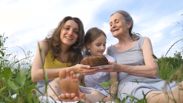 Schattig kind meisje met haar jonge moeder en senior oma hebben picknick tijdens de zomer buiten in de natuur, moeders dag, gelukkig pensioen, multi generatie familie — Stockvideo