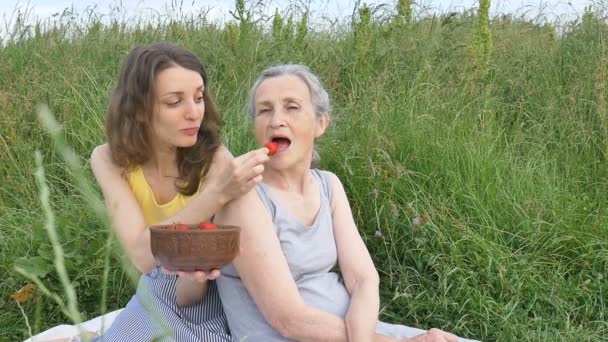 Idős anya ősz hajjal, felnőtt lányával a kertben, akik piknik közben ölelgetik egymást napsütéses nappal, anyák napja. — Stock videók