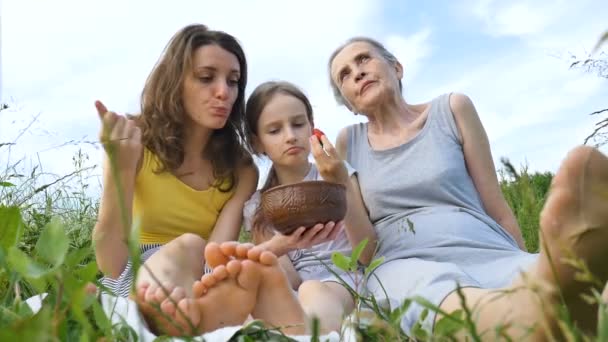 Linda niña con su madre joven y abuela mayor están teniendo picnic durante el verano al aire libre en la naturaleza, día de las madres, jubilación feliz, familia de varias generaciones — Vídeos de Stock