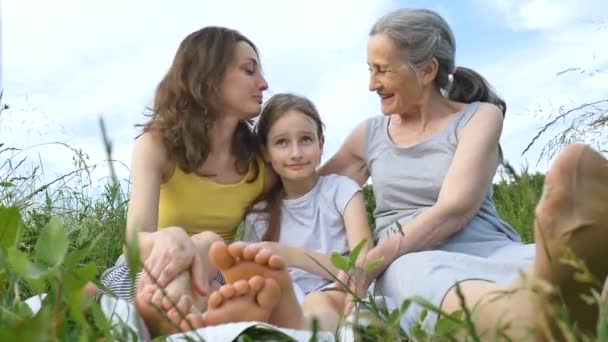 Мила дівчинка з молодою матір'ю і старшою бабусею проводить пікнік під час літа на природі, день матерів, щасливий вихід на пенсію, сім'я багато поколінь — стокове відео