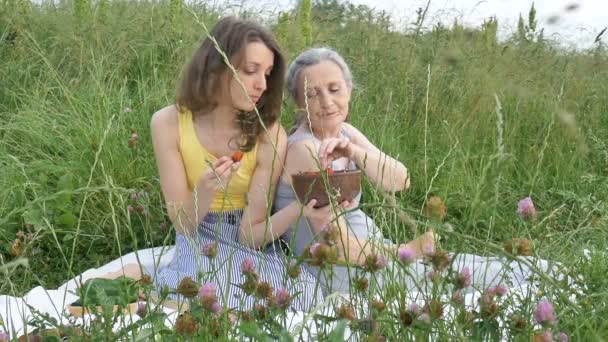美しいです白髪としわの顔を持つ古い祖母は、ピクニック中に緑の草の上に彼女の大人の娘と白いカーペットの上に横たわっています屋外、母の日、幸せな退職 — ストック動画