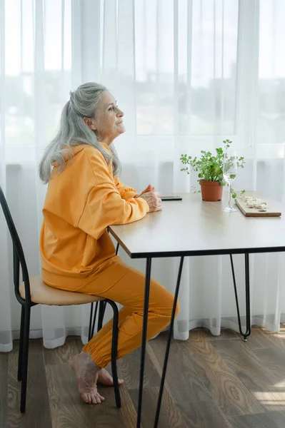 Retrato de la hermosa abuela de edad con el pelo gris y la cara con arrugas mirando a la cámara, día de las madres, feliz jubilación —  Fotos de Stock