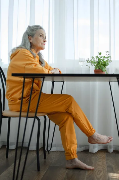 Retrato de la hermosa abuela de edad con el pelo gris y la cara con arrugas mirando a la cámara, día de las madres, feliz jubilación —  Fotos de Stock