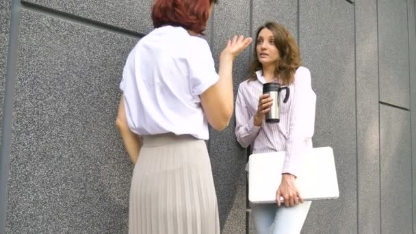 Två framgångsrika affärskvinnor talar om ett projekt när de står nära väggen utanför med en bärbar dator under en paus från jobbet — Stockvideo