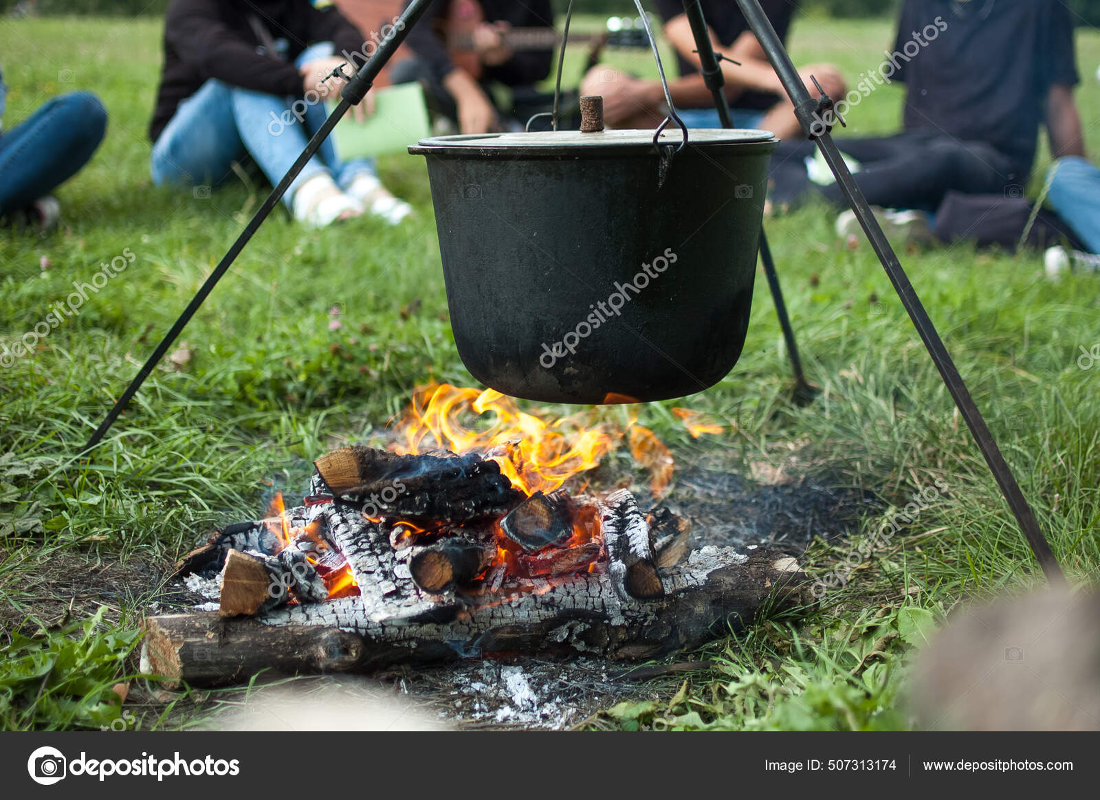 Dark big pot or cauldron, cooking pan with boiling water inside above the  fire somewhere in the park or mountains, camping concept Stock Photo by  ©balinska_lv 507313174