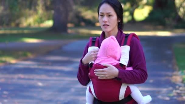 Asiatico madre carry suo bambino in il parco looking preoccupato — Video Stock