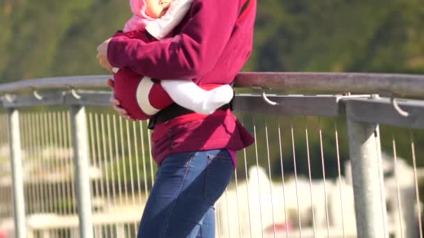 Ung asiatisk mamma bära hennes barn på en bro — Stockvideo