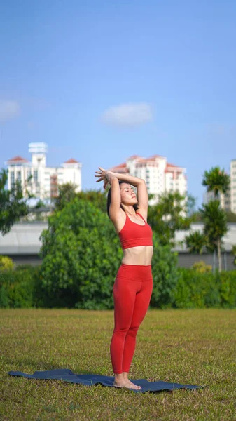 Asiático Chinês Fêmea Senhora Yogi Praticar Ioga Alongamentos Poses Parque Fotos De Bancos De Imagens