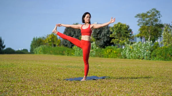 Asiatisk Kinesisk Kvinnlig Dam Yogi Utövar Yoga Stretches Poser Parken Stockbild