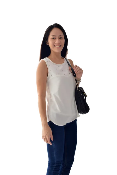Aziatische chinese vrouw in corporate kleding klaar om te reizen — Stockfoto