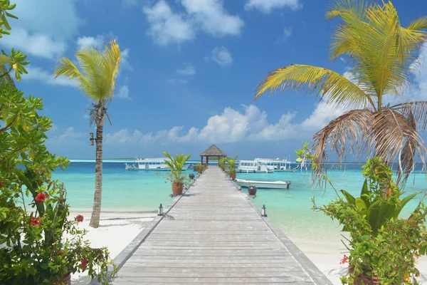 Pier leading to passenger boats at maldive — Stock Photo, Image