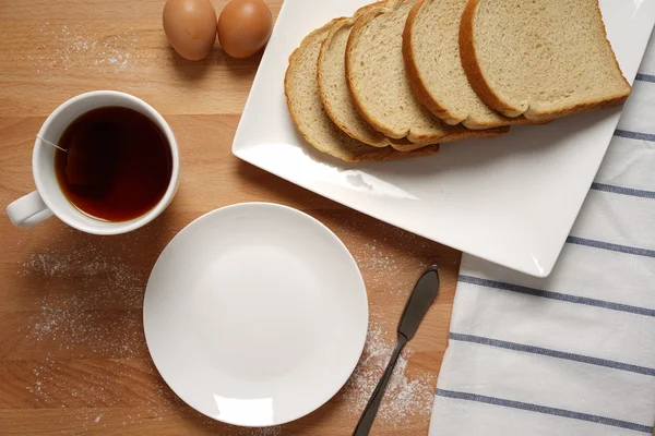 Scene from a breakfast table with staple food — Stock Photo, Image