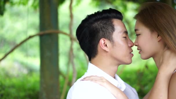 Asian couple dating outdoors in a park — Stock Video