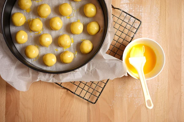 Top view of a kitchen with baking equipment — Stok fotoğraf