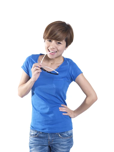 Tomboy olhando asiático chinês menina em azul — Fotografia de Stock