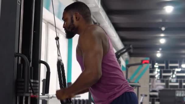 Γυμνάζεται ένας μαύρος στο γυμναστήριο. Έννοια bodybuilding — Αρχείο Βίντεο