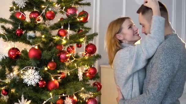 Loving couple on the background of the Christmas tree. Christmas portrait of lovers — Stock Video