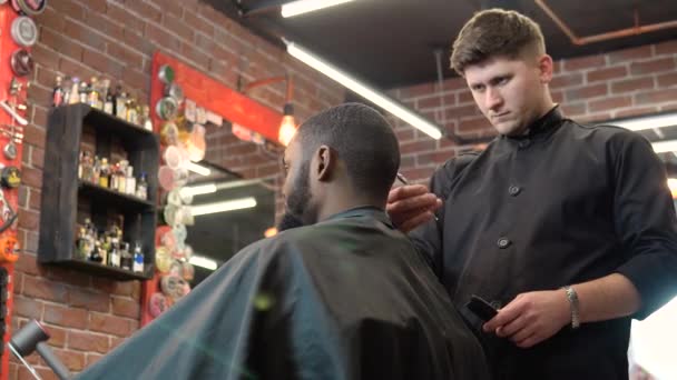 Peluquería corta el cabello de los clientes con tijeras. Un hombre en la peluquería. La profesión de peluquero — Vídeos de Stock