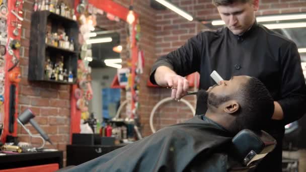 Le coiffeur coupe avec des ciseaux et peigne la barbe des clients avec un peigne. Soins de la barbe — Video