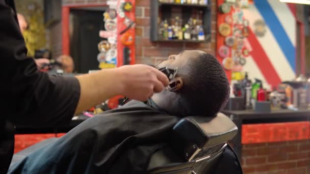 Le coiffeur coupe avec des ciseaux et peigne la barbe des clients avec un peigne. Soin de la barbe. Hommes beauté — Video