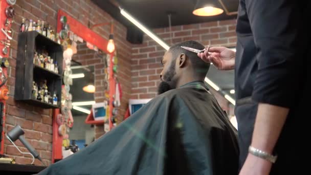 Peluquería corta el cabello de los clientes con tijeras. Un hombre en la peluquería. La profesión de peluquero — Vídeo de stock
