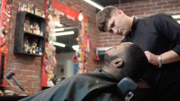 理发师用剪刀剪头发,并用梳子梳理客户的胡子.胡子护理 — 图库视频影像