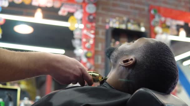 Kadeřník stříhá klientům vousy nůžkami. Muž v holičství. Povolání holiče. — Stock video