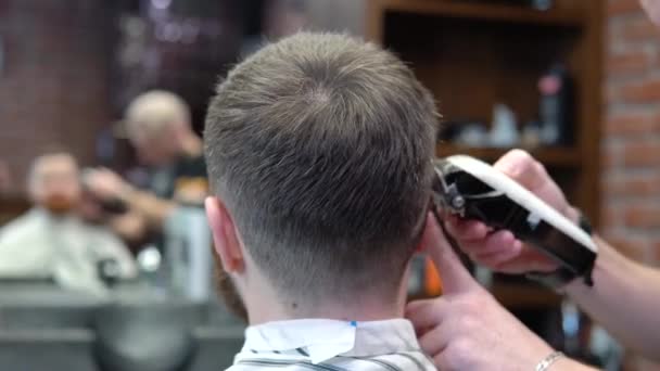 理发店里的理发师用剪子剪下顾客的头发。照照镜子 — 图库视频影像