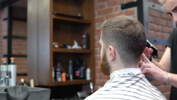 Um jovem barbeiro faz um corte de cabelo de aparador de um cliente com uma barba vermelha. Visão traseira — Vídeo de Stock