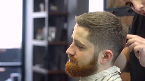 Egy szakállas fiatalember ül egy fodrászszékben hajvágás közben. Oldalnézet — Stock videók
