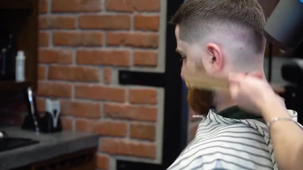 The barber in the barbershop shakes the hair from the clients neck with a soft brush — Stock Video