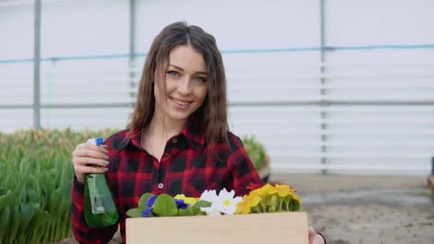 Junges Blumenmädchen oder Botanikerin hält eine Bastelbox mit 5 Töpfen mit bunten Blumen in der einen Hand und einem Sprinkler in der anderen. Zusätzliche Einnahmen für Studenten — Stockvideo