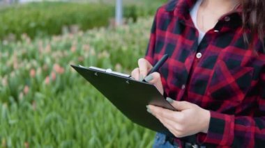 Kırmızı-siyah gömlekli ve kot pantolonlu genç kız lalelerle bir serada duruyor ve elindeki tablete notlar yazıyor.