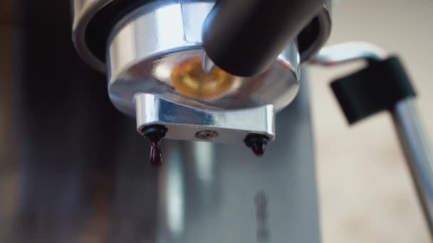 Kaffe med skum häller ur portafiltret i kaffemaskinen av silver och svart färg. Närbild av kaffe jetplan — Stockvideo