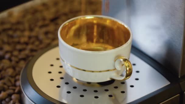 Vintage fehér, aranyozott porcelán csésze töltött friss kávé étvágygerjesztő hab. Kávébab a háttérben egy csésze kávé — Stock videók