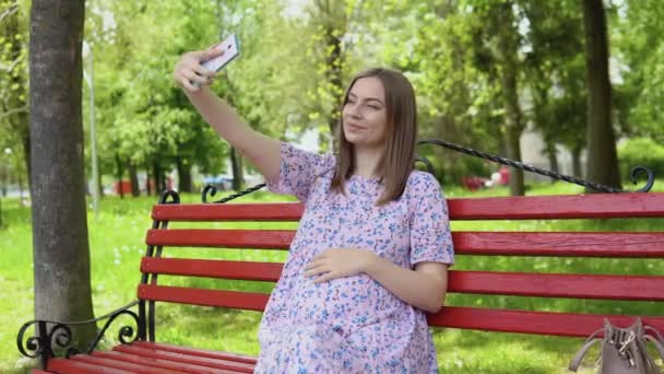 Έγκυος γυναίκα σε ένα καλοκαιρινό φόρεμα με floral print βόλτες στο πάρκο. Έγκυος σε παγκάκι και βγάζει σέλφι. Αναψυχή πριν από τη γέννηση ενός παιδιού — Αρχείο Βίντεο