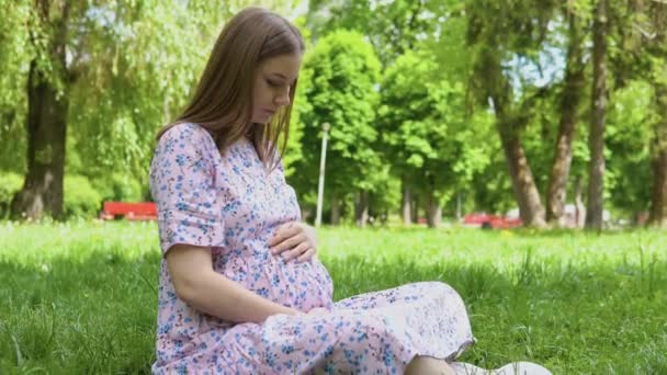 Ciężarna kobieta w letniej sukience z kwiatowym nadrukiem spaceruje po parku. Ciężarna kobieta na trawie w parku, przytulająca się do brzucha. Wypoczynek przed narodzinami dziecka — Wideo stockowe