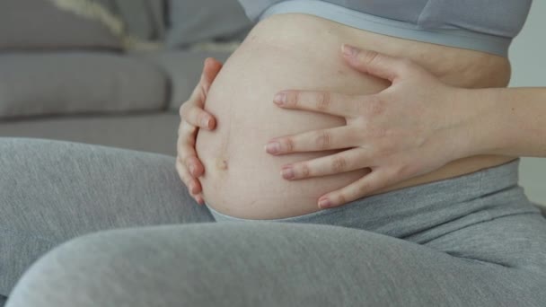 Une femme enceinte en tenue de sport s'assoit sur une balle de fitness et tient ses mains sur le ventre. vue rapprochée des bras et de l'abdomen. Soins de santé pendant la grossesse. Fitness pour les femmes enceintes — Video