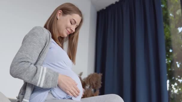 De zwangere vrouw streelt haar buik. Zwangere vrouw in huiskleding zittend op een tweepersoonsbed. Gedroogde bloemen in het interieur. Derde trimester van de zwangerschap — Stockvideo