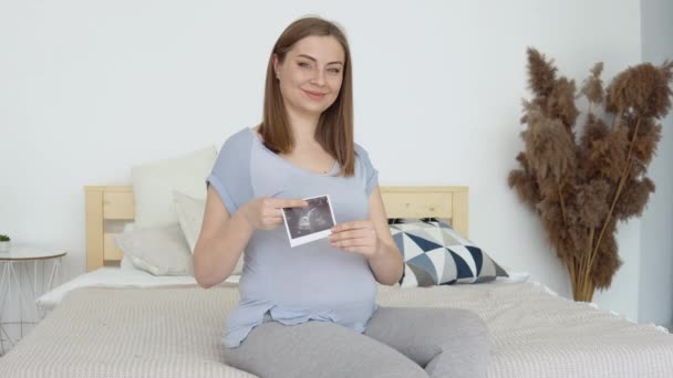 妊娠を監視する近代的な技術。超音波で子供のセックスを決定します。胎児の初期の写真 — ストック動画