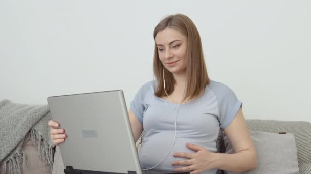 En gravid kvinna i hemkläder sitter på en soffa och använder en bärbar dator. Gravid kvinnlig frilansare. Tredje trimestern av graviditeten. Förberedelse för förlossning och vård av det nyfödda barnet — Stockvideo